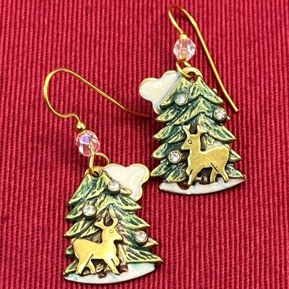 Christmas Earrings Green & White Enamel, Gold-Tone Reindeer w/Crystal Accents - Picture 8 of 10